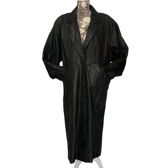 Vintage 1980s Black Leather Trench Coat Duster Womens Size Large By G3, GIII - Picture 1 of 11